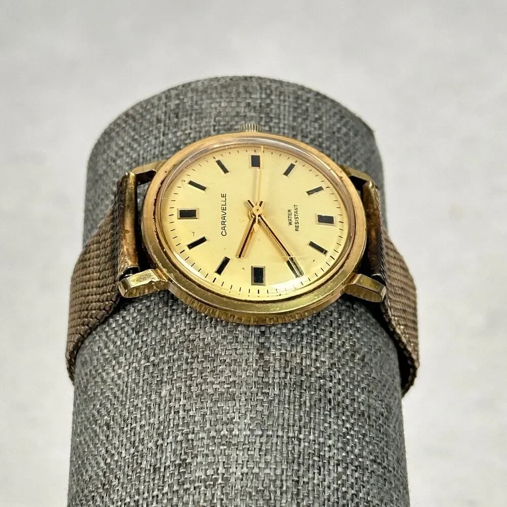 VTG Caravelle Watch Mens 32mm Gold Tone Manual Wind Mesh Band Working READ